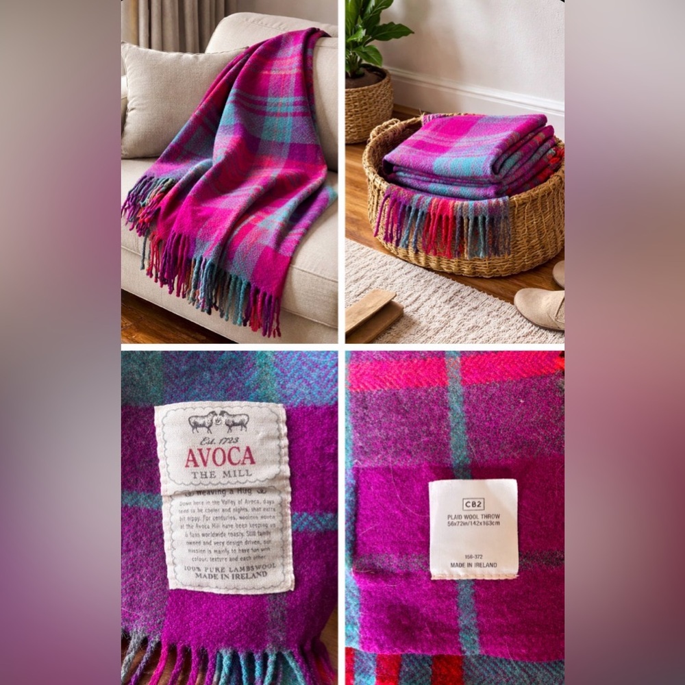 CB2 Pink and Blue Plaid Throw Blanket - Picture 2 of 7